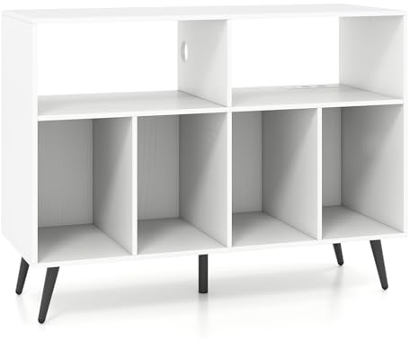 RELAX4LIFE Supporto per Giradischi, Porta Vinili con 6 Scomparti Aperti, Espositore in Legno per Dischi, Mobiletto Multiuso per Ufficio, Studio, Camera da Letto (Bianco, con Presa)