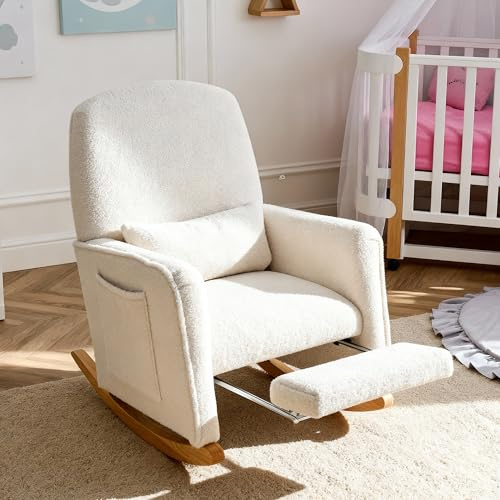 DEKKETO Teddy Rocking Chair with Footstool and Lumbar Pillow, Comfy Nursing Chair with Large Side Pocket, Wooden Armchair for Nursery, Adults, White