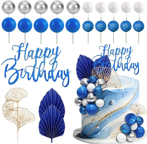 20 PCS Decoracion Pastel Bolas, Boho Decoración para Tartas, Decoracion Tartas Cumpleaños: Palmeras y Hojas de Ginkgo Topper para Tartas, para Cumpleaños, Bodas, Baby Shower (Azul)
