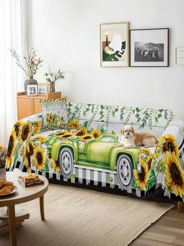 Sunflowers Sofa Cover Blanket Couch Covers for Armchair Cushion,Couch Sofa Silpcover with Tassel,Spring Farmhouse Country Truck Leaf Wood Grain Living Room Throw Towel Blanket Covers XX-L 71x150