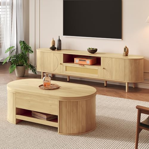 Set de muebles para sala de estar con mesa de centro y armario de TV ajustables en altura, diseño moderno, espacio de almacenamiento, bordes redondeados, armoniosamente combinados, también disponibles