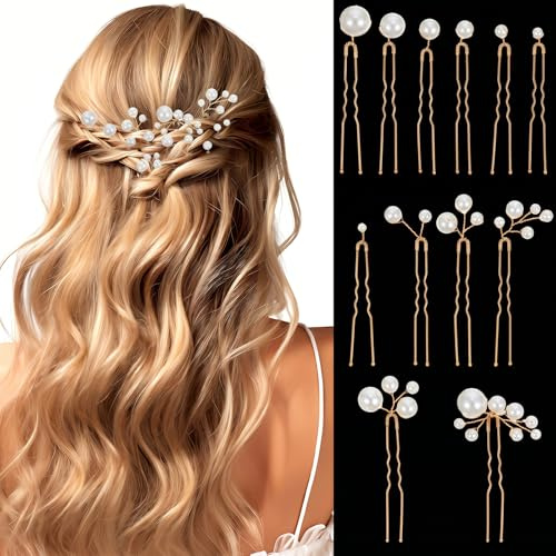 Ouligay 12pcs Pearl Hair Pins, Wedding Bridal Hair Accessories, Gold Pearl Hair Accessories for Women Wedding Brides and Bridesmaids Daily Hair Style
