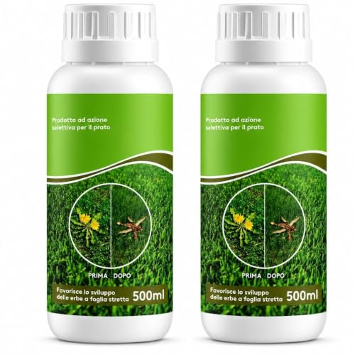 Diserbante Selettivo Naturale e Rinverdente Prato 2x500ml - Erbicida Foglia Larga per Tappeto Erboso - Ferro Chelato HEDTA Azione Rapida - Concime Liquido contro Infestanti e Muschio