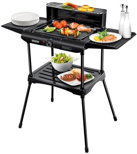 Unold 58565 Vario Barbecue-Grill - Tisch- und Standgrill, Schwarz, 1.600 W, Antihaftbeschichtung, seitliche Ablageflächen, Windschutz, Überhitzungsschutz, Grillplatte aus Druckguss-Aluminium