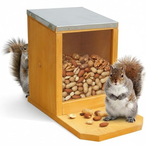Melko Eichhörnchen Futterhaus Futterstation Holz mit Zinkdach 12x22x18 cm | Klappdeckel zum Befüllen mit Nüssen, Sichtscheibe aus Plexiglas zeigt Vorrat, wetterbeständig, für Garten und Terrasse