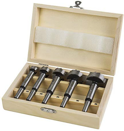 STIER Forstnerbohrer Set in Holz-Kasette, 5-teilig (15, 20, 25, 30, 35 mm), 10 mm Schaft, für Hart- & Weichholz, Forstner Bohrersatz, Forstner Bohrer Set