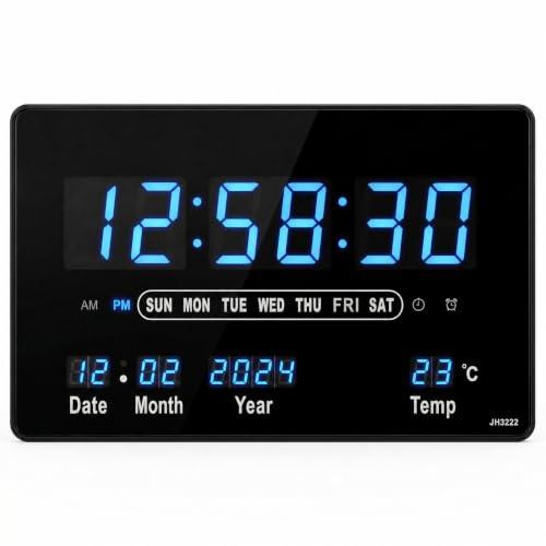 Starlet24 Kompakte LED Wanduhr mit Timer Wecker Schlummer Kalender Temperatur große LED-Anzeige 32x20cm (JH3222) Blau