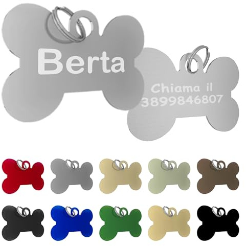 Medaglietta per cani e gatti a forma di osso in alluminio anodizzato + incisione personalizzata gratuita su entrambi i lati + anellino gratis PanPet (S (piccola), argento lucido)