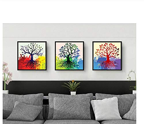 XIANGPEIFBH Drucken Sie Leinwandbilder 3 Stück Moderne Bunte Bäume Bild für Wohnzimmerdekoration Gerahmtes Leinwandplakat 50x50cm (19,7 x19,7) x3 mit Rahmen