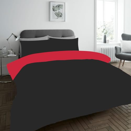 FAIRWAYUK Black and Red Bedding Set, 3 Piece Ultra Soft Reversible Quilt Covers, Double Bed Duvet Cover Sets, Microfiber Premium Quality, Plain Dye Bed Linen, 200x200cm