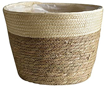 Koomuao Blumentöpfe Geflochten Pflanzkorb 3 Farben Seegras Pflanztöpfe Mit transparentem wasserdichtem Tuch Handgewebter Übertöpfe für Home Decor (Beige, 18cm)