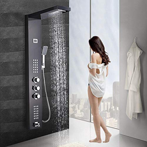 Linyuan Pluie Cascade Panneau De Douche Jets De Massage Colonne De Douche Mitigeur Thermostatique Robinet De Douche Tour Douche Baignoire Bec-Bronze noir
