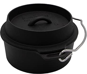 Grillfürst Dutch Oven ca. 2 Liter - stabil stehender Feuertopf mit flachem Boden ohne Füße, hitzebeständiger Gusseisen Topf, Deckel als Pfanne nutzbar, rund, DO 2