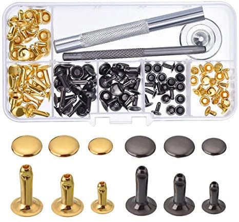 Tiardey 3 Sizes,120Set Rivets Single Cap Rivet Tubular Metal Studs with Fixing Tool Kit for Leather Craft Repairs Decoration(Two-Color)