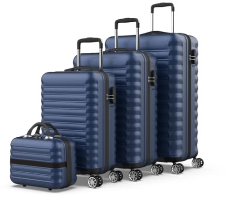 NUMADA - Set di Valigie 4pzs (53/63/75cm) e Borsa da Toilette Blu Navy, ABS Resistente, Leggero con 4 Ruote Doppie e Lucchetto Combinazione Laterale
