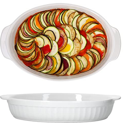 MamboCat 2er Set Auflaufform oval mit Henkeln groß I Weiß Keramik 1,8 Liter Bräter backofengeeignet I Servierschalen weiß feuerfeste Ofenform I Antipastischale I Ofen Kasserolle Backform 36 cm