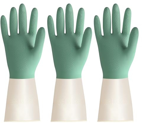 BOOMJOY Latex Cleaning Gloves, Heavy Duty Dishwashing Gloves, Reusable Medium Gloves for Kitchen, Bathroom, Gardening, Working, Pet Care - Green-Beige, 3 Pairs, Size M