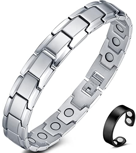 Vicmag Pulsera magnética para hombre, terapia magnética, drenaje linfático, doble hilera, pulsera de curación magnética con herramienta de ajuste (una fila plateada)