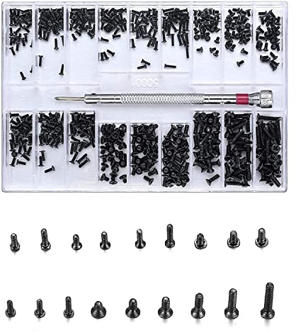 woshilaoDS 500 Pcs Small Replacement Screws, M1.2/M1.4/M2.0 Black Tiny Micro Laptop Computer Electronic Assortment Kit, Glasses Watches Hard Drive SSD Repair Screws, with Screwdriver