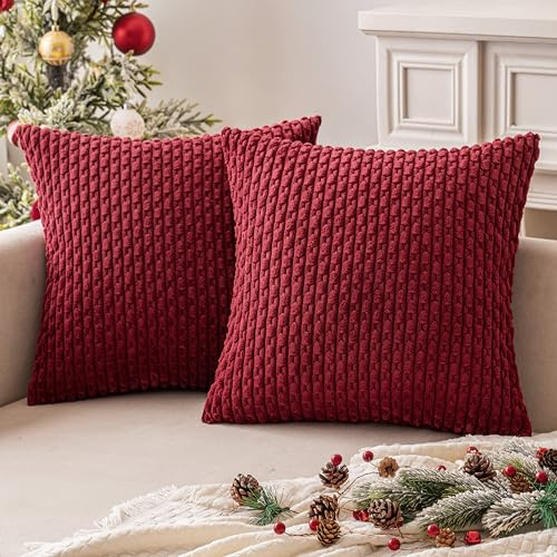MIULEE 2er Set Kissenbezug 50×50cm Kordsamt Ananas-Ähren Weinrot | Moderne Struktur Weich Dekorativ Vielseitig Pflegeleicht Langlebig Für Sofa Bett Wohnzimmer Schlafzimmer Und Gästezimmer