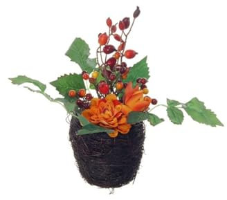 artplants.de Deko Gesteck Dahlie, Hagebutten Abed im Korb, orange-rot, 17cm, Ø10cm - Künstliches Arrangement