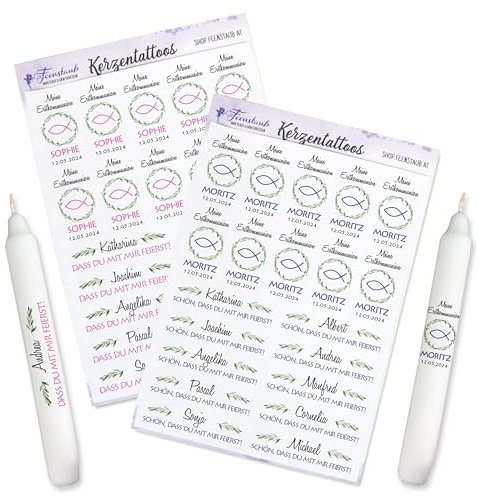 Kerzentattoos Kommunion personalisiert, Konfirmation, Firmung, Aufkleber für Kerzen, Tischkerze Fisch Erstkommunion, DIY Kerzendeko rosa oder blau für Kommunion gestalten, Feenstaub