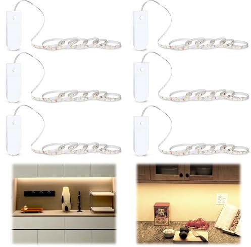 Striscia LED a Batteria, 6 Pezzi Striscia Led, 1 Metri Luce Armadio LED, 3000K Bianco Caldo Luci LED Cucina, per Scale, Cucina, Armadio, Vetrina, Corridoi, Scrivania