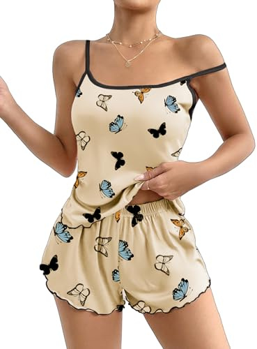 Ekouaer Womens Cami Pajama Sets 2 Piece Cute Print Pjs Soft Tank Top & Elastic Waist Shorts Camisole Lounge Set Beige Butterfly L