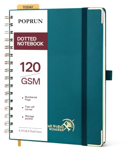 POPRUN Notizbuch A5 Dotted 120g/m² Notizblock Spiralblock Pazifikgrün