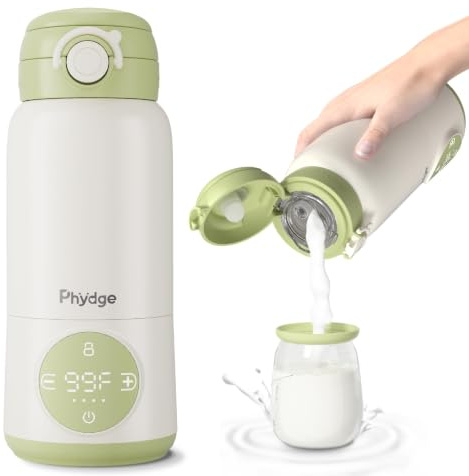 Phydge Portable Bottle Warmer for Travel, on The go for Formula, Breastmilk | Rechargeable 15oz Baby Milk Warmer Cordless,3 Mins Fast Heating,Precise Temp Control Travel Essential,Green