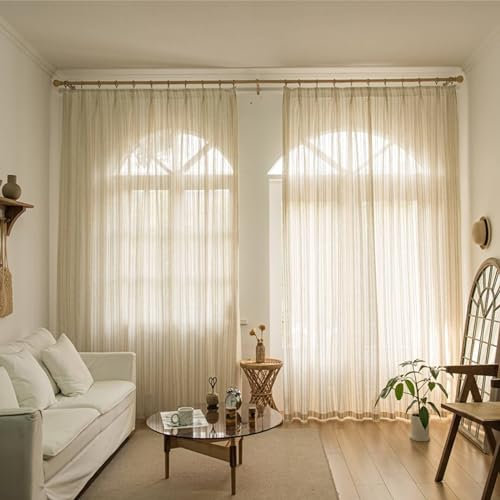 Vorhänge Beige 2er Set mit Haken 96x138CM, Gardinen für Schienensystem Japanisch mit Streifen Motiv Gardinenschals Polyester Halbtransparent für Wohnzimmer Schlafzimmer Küche