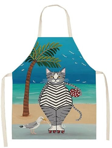 HJOSWVNS Delantal Cocina Hombre Gato De Palma Delantal Cocina Mujer Algodón Cáñamo Delantales de Cocina Antimanchas Delantal Hombre Ajustable Mandiles de Cocina Resistente Desgaste 55x68cm