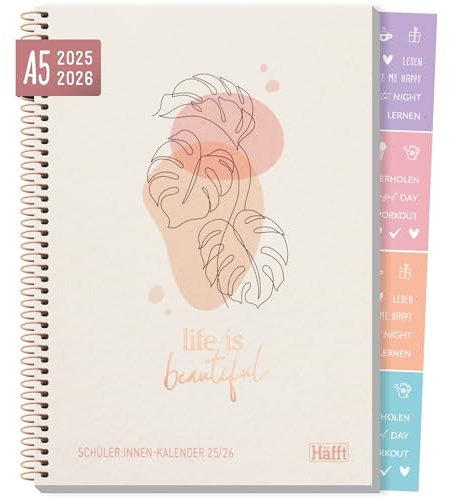 Häfft® College-Timer A5 2025/2026, Schülerplaner mit Sprüchen und Stickern Life is beautiful Schulplaner Hausaufgabenheft - nachhaltig & klimafreundlich