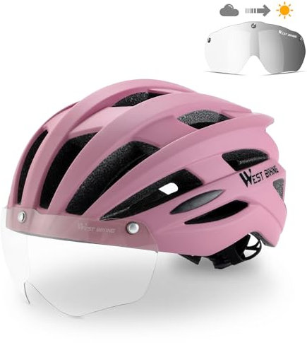 Verstellbarer Fahrradhelm, Atmungsaktiver Mountainbike Helm mit Magnetischer Brille und USB-LED-Licht, Einstellbarer Cityhelm für Erwachsene Herren und Damen in Rosa für Urbanes Pendeln und Radfahren