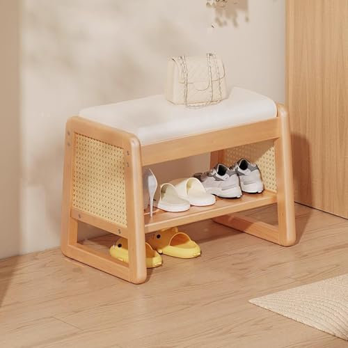 Schuhbank aus Holz mit gepolstertem Sitz und Rattan-Schuhschrank, Eingangsbereich und Schuhregal für Wohnzimmer, Flur, Schlammzimmer, Bettbank, gebrochenes Weiß, 50 cm