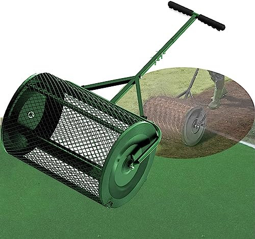 Épandeur de compost pour épandre de la mousse de tourbe, de l'engrais et des graines, épandeur de gazon portatif, rouleau en métal 40 × 60 cm/15,7 × 23,6 pouces avec poignée réglable en forme de T,