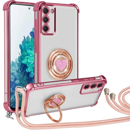 Knrlqim Handykette für Samsung Galaxy S20 FE（5G）/S20 Lite Hülle mit Band,Herzen Doppelring Ständer Luxus Glitzer Handyhülle,Transparent Schutzhülle mit Kordel Case Frauen Cover,Rosa