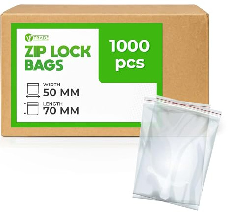 V1 TRADE Sachets Zip – Sachets Plastiques 50 x 70 mm – 1000 Pièces | Sachets refermables résistants pour le rangement et l'organisation des aliments, accessoires, bricolage et petites pièces.