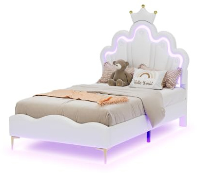 KSFASHZ Barnsäng 90 x 200 cm Enkelsäng med LED - Påfylld PU-prinsesssäng för Tonåringsflickor, Sängram med Plattform med Lamellat och Justerbart Sänghuvud