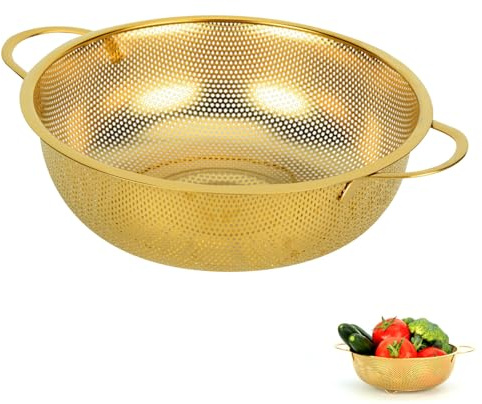 Snailhouse Colander, 3 Quart Kitchen Stainless Steel Metal Pasta Rice Food Colander Strainer Bowl with Handles and Legs for Draining Washing, Gold