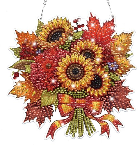 Lxmsja 5D Thanksgiving Diamond Painting Anhänger Blumen, Herbst Diamond Painting Fensterbilder Beidseitig für Erwachsene Kinder, Bastelset Kreativ Set, Hängend Ornament Tür Fenster Wand Eingang Decor