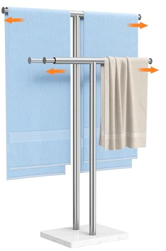 ELYKEN Standing Towel Racks for Bathroom, 2-Tier Floor Towel Holder Stand with Weighted Marble Base, Freestanding Bath Towel Rack, Width Adjustable & Stainless Steel Brushed Finish