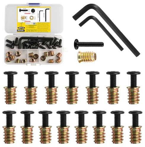 30 Pcs Tuercas de Inserción Roscadas: 15 Insertos Roscados de Madera M6 x 10 mm y 15 Tornillos para Muebles M6 x 20 mm, Insertos de Tuercas de Conexión, Tuerca Roscada con 2 Llaves