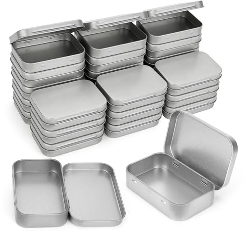 WeeGoo 24 Pcs Silver Rectangular Tins with Lids, Metal Tins with Hinged Lids, 9.5x6x2 cm Empty Portable Storage Tin Boxes for Candies Key Jewelry Small Items