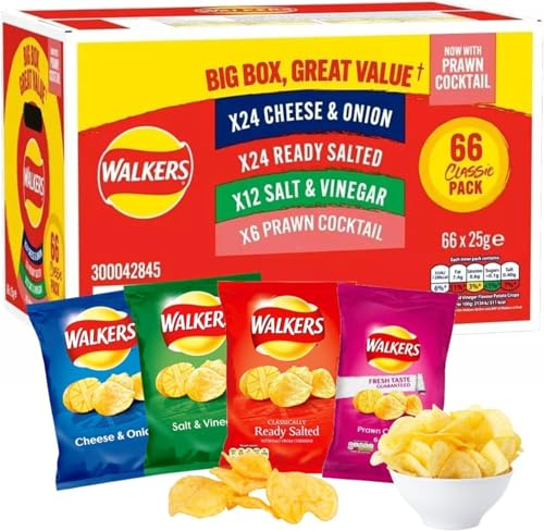 Giant Crisps Multipack Snack Box - Pack of 66 x 25g Assorted Classic Walkers Crisps Bulk Buy. Multipack Crisps Potato Snacks'