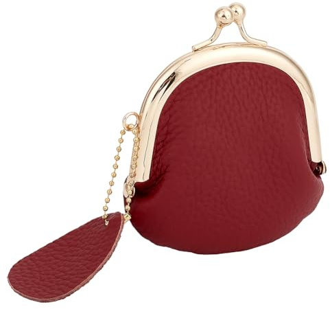 CALFOVERA Mini Porte Monnaie en Cuir Véritable avec Fermoir Baiser Style Rétro Fait Main en Cuir de Vachette Porte Monnaie Compact pour Femme Idéal pour Ranger Bijoux Écouteurs (Rouge Foncé).