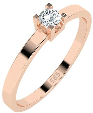 EDELIND Solitär Ring Rosegold 585 mit 0.1 ct Diamant - Klassischer Verlobungsring für Damen, Größe 49 (Ø15.6 mm), mit edler Schmuckbox