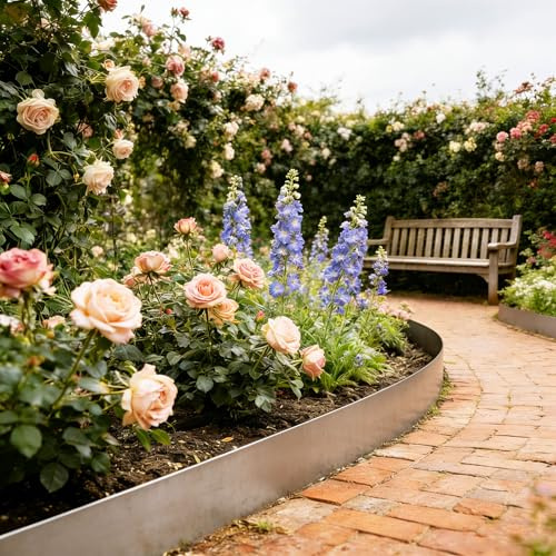 PEILU Silber Rasenkanten 18cm Hoch Verzinkt Stahl Beeteinfassung Garten Beetumrandung 10 Stück 100cm Mähkante Metall Wurzelsperre Palisaden Stecksystem Rasenkantenband für Wege, Rasenflächen (10m)