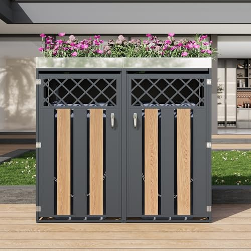 Abri pour poubelles, équipé d'ouvertures d'aération en Losange, d'un Compartiment de Rangement pour poubelles, verrouillable, à Double Porte, avec Un Espace dédié aux Plantes (1)