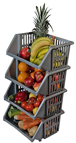 4 Tier Silver Storage Stackable Baskets for Kitchen Shelving Unit Toys Free Standing Shelf Organizer Plastic Fruit Onion Potato Under Shelf Van Utility Room Stacking Basket Rack Large